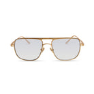 Gold-framed sunglasses with clear lenses on a white background