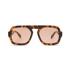 Sunglasses with tortoiseshell frame and pink lenses on a white background