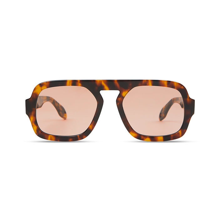Sunglasses with tortoiseshell frame and pink lenses on a white background