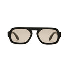 Black sunglasses with reflective lenses on a white background
